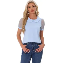 アレグラ ケー レディース トップス シャツ ヴィンテージ ドット メッシュ ブラウス ALLEGRA K Womens Peter Pan Collar Top Short Sleeve Vintage Polka Dots Mesh Sleeve Blou