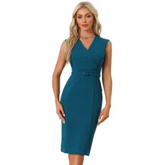 アレグラ ケー レディース トップス ワンピース Vネック ノースリーブ ALLEGRA K Pencil Dress for Womensleeveless Wrap V Neck Belted Office Dresses Blue ブルー