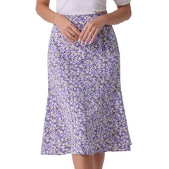 アレグラ ケー レディース ボトムスカート A ライン プリント ミディ ALLEGRA K Womens Peasant Elastic Waist ALine Leave Print Midi Skirt Purple パープル