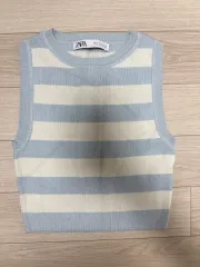 ザラ ストライプ ニットトップス スカイブルー/白