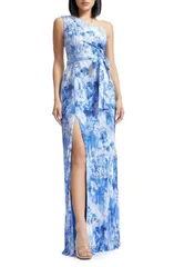ドレスザポプレーション レディース トップス ワンピース フラワー柄 ワンショルダー フラワー Dress the Population Bella Floral Pliss OneShoulder Gown Cerulean Blue Multi ブルー