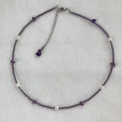 淡水パールと天然石アメジストのビーズネックレス／チョーカー