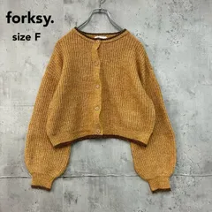 forksy. フォルクシー  イエロー チャンキー 2way配色ラインショート丈カーディガン ビッグスリーブ ポワン袖 Vネック クロップド丈 リブ切り替え Fサイズ アクリル ポリエステル ナイロン ウール 毛 ポリウレタン FOcd550 ★ ◆■のサムネイル