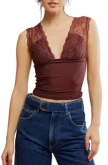 フリーピープル レディース トップス カットソー レーストリム レース Free People Power Pay Lace Trim Camisole Bittersweet
