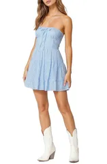 アディクテッド レディース トップス ワンピース ミニ ストラップレス コットン EDIKTED Liora Strapless Eyelet Cotton Minidress LightBlue ブルー