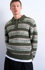 トップマン メンズ アウター パーカー・スウェット リラックスフィット ポロシャツ Topman Relaxed Fit Stripe Polo Green Khaki グリーンのサムネイル