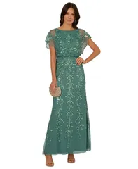 【送料無料】 アドリアナ パペル レディース ワンピース トップス Womens Beaded BlousonSleeve Gown Green Slate
