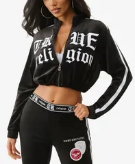 【送料無料】 トゥルーレリジョン レディース シャツ トップス Womens Cropped Velour Track Zip Up Top Jet Blackのサムネイル