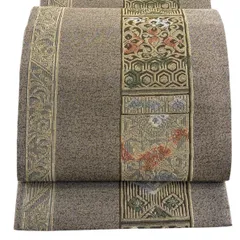 【美品】 袋帯 秀品 花菱 献上鳥唐草文 金糸 灰茶 六通 正絹 【中古】