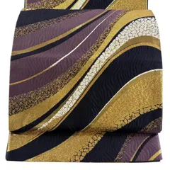 【美品】 袋帯 秀品 鈴乃屋 波 幾何学模様 金糸 箔 黒 六通 正絹 【中古】