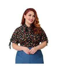 【送料無料】 ユニークビンテージ レディース シャツ トップス Womens Plus Size Chita Blouse Black floral