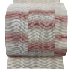 【美品】 名古屋帯 秀品 夏帯 絽 八寸名古屋帯 よろけ縞 幾何学模様 ベージュ 正絹 【中古】