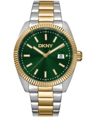 [Free Shipping] Donna Karan New York Men's Watch Accessory Mens Date Green Dial Two Tone Stainless Steel Bracelet Watch 40mm Dark Green