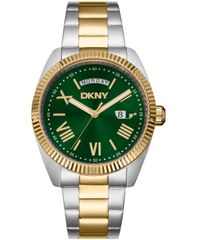 [Free Shipping] Donna Karan New York Men's Watch Accessory Men's Day Date Green Dial Two Tone Gold Stainless Steel Bracelet Watch 41mm Dark Green