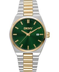 [Free Shipping] Donna Karan New York Men's Watch Accessory Men's Date Green Dial Two Tone Gold Stainless Steel Bracelet Watch 40mm Dark Green