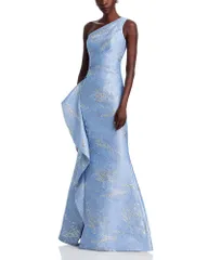 テリジョンバイリッキーフリーマン レディース トップス ワンピース ワンショルダー トール Teri Jon by Rickie Freeman Metallic Jacquard OneShoulder Gown Light Blue Silver ブルー