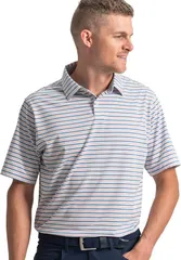 フットジョイ メンズ トップス ポロシャツ FootJoy Mens Pinstripe Pop Striped Performance Golf Polo WhiteChambrayCoastalのサムネイル