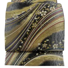 【美品】 袋帯 秀品 振袖向き 桜 桜の花びら 金糸 箔 黒灰 六通 正絹 【中古】