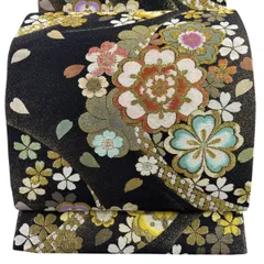 【美品】 袋帯 秀品 振袖向き 桜 花びら 金糸 箔 黒 六通 正絹 【中古】