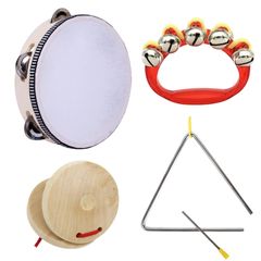 Dona Lee Children's Musical Instrument Set - 4 Pieces: Tambourine (20cm), Triangle, Castanets, Bells, Wooden, Lightweight. Ideal for Elementary School Students.