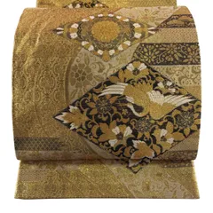【美品】 袋帯 秀品 鶴 花唐草 金糸 箔 金色 六通 正絹 【中古】