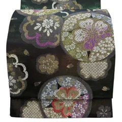【美品】 袋帯 秀品 振袖向き 桜 桜の花びら 箔 茶緑色 六通 正絹 【中古】