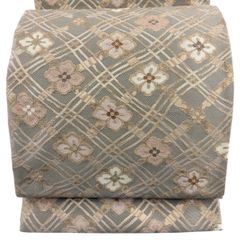 袋帯 秀品 草花 変わり市松 金糸 唐織 茶緑色 六通 正絹 【中古 袋帯 秀品 草花 変わり市松 金糸 唐織 茶緑色 六通 正絹 【中古
