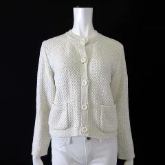 ユニクロ UNIQLO ニット ショート ジャケット カーディガン ノーカラー コットン 長袖 S オフ白 アイボリー