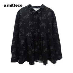 デシン　花柄プリント　幅広タック　シャツ　ブラウス　【ブラック】　レディース　M~Lサイズ　送料込み