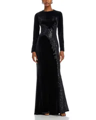 テリジョンバイリッキーフリーマン レディース トップス ワンピース ベルベット スパンコール Teri Jon by Rickie Freeman Sequined Inset Velvet Gown Black ブラック