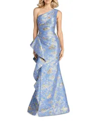 テリジョンバイリッキーフリーマン レディース トップス ワンピース ワンショルダー トール Teri Jon by Rickie Freeman Metallic Jacquard OneShoulder Gown Sky Blue ブルー