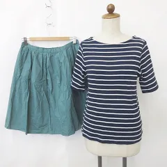 ジーユー GU サブロク SABUROKU ニット スカート 2枚セット 半袖 丸首 フレア ひざ丈 タック ボーダー 綿 紺 緑 白 ネイビー グリーン ホワイト L-LL