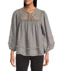 マルチプルズ レディース トップス シャツ シャーリング 刺繍 フリンジ Multiples Embroidered Band Collar Smocked 34 Sleeve Fringe Hem Top Medium Grey Denim グレー