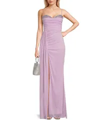 ジャンプ レディース トップス ワンピース サイドスリット Jump Glitter Embellished Bust Sweetheart Neck Spaghetti Strap Sash Side Slit Gown Lilac ライラック