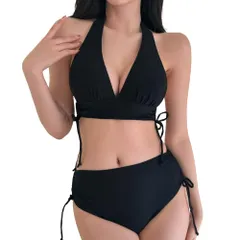 [AQUA Marine] レディース ビキニ ホルターネック ブラック ハイウエスト サイドリボン サイドシャーリング 韓国ファッション シンプル 海 プール リゾート 旅行 夏 (JP, アルファベット, M, 標準, ブラ [ブラック] [M] [標準]