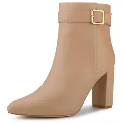 アレグラ ケー レディース シューズ ブーツ・レインブーツ アンクル ヒール ALLEGRA K Womens Pointed Toe Buckle Decor Heel Ankle Booties Camel キャメル