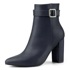 アレグラ ケー レディース シューズ ブーツ・レインブーツ アンクル ヒール ALLEGRA K Womens Pointed Toe Buckle Decor Heel Ankle Booties Navy Blue ネイビー