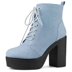 アレグラ ケー レディース シューズ ブーツ・レインブーツ プラットフォーム レース ヒール ALLEGRA K Womens Platform Chunky Higheelace Up Combat Boots Denim Blue デニム