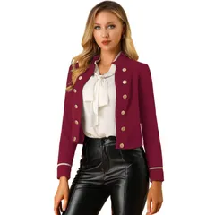アレグラ ケー レディース アウター ジャケット・ブルゾン ALLEGRA K Womenstand Collar Open Front Button Decor Casual Steampunk Jacket Burgundy バーガンディ