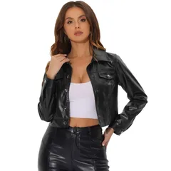 アレグラ ケー レディース アウター ジャケット・ブルゾン ボタンダウン トール ダウン グラフィック ALLEGRA K Womens Holographic Shiny Biker Button Down Metallic Jacket Black ブラッ