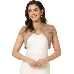 アレグラ ケー レディース アウター ニット・セーター カーディガン レース ALLEGRA K Womens Lace Cardigan Stand Collar Short Elegant Shrug Khaki カーキ