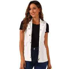 アレグラ ケー レディース アウター ジャケット・ブルゾン ドローコードウエスト ベスト ノースリーブ ALLEGRA K Womensleeveless Zip Up Drawstring Waist Cargo Vest Jacket White ホワイト