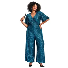 アベニュー レディース トップス ワンピース プラスサイズ プチ スパンコール ジャンプスーツ Avenue Womens Plusize Petite Nada Sequin Sleeve Jumpsuit Emerald エメラルド