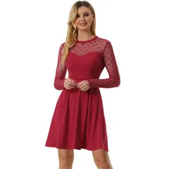 アレグラ ケー レディース トップス ワンピース A ライン ドット メッシュ シアー ALLEGRA K Womens Heart Polka Dots Mesheer Skater Prom ALine Short Dress Red レッド
