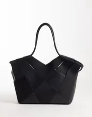 エイソス レディース バッグ スエード レザー フェイクレザー ASOS DESIGN mixed woven faux suede and faux leather tote Black ブラックのサムネイル
