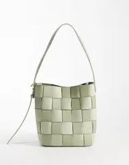 エイソス レディース バッグ スエード レザー フェイクレザー ASOS DESIGN faux suede and faux leather woven bucketote in sage セージのサムネイル