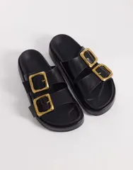エイソス レディース シューズ サンダル ASOS DESIGN Floyd oversized buckle footbed sandals BLACK PU ブラックのサムネイル