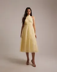 レース アンド ビーズ レディース トップス ワンピース チュール ミディ ホルター Lace Beads Bridesmaid tulle halter neck midi dress in lemon
