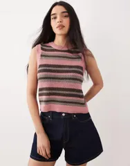 エイソス レディース トップス タンクトップ ニット ASOS DESIGN knit striped tank top and pink ピンクのサムネイル