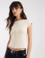 エイソス レディース アウター カーディガン リブ ASOS DESIGN compact ribbed button up short sleeve cardigan in cream クリームのサムネイル